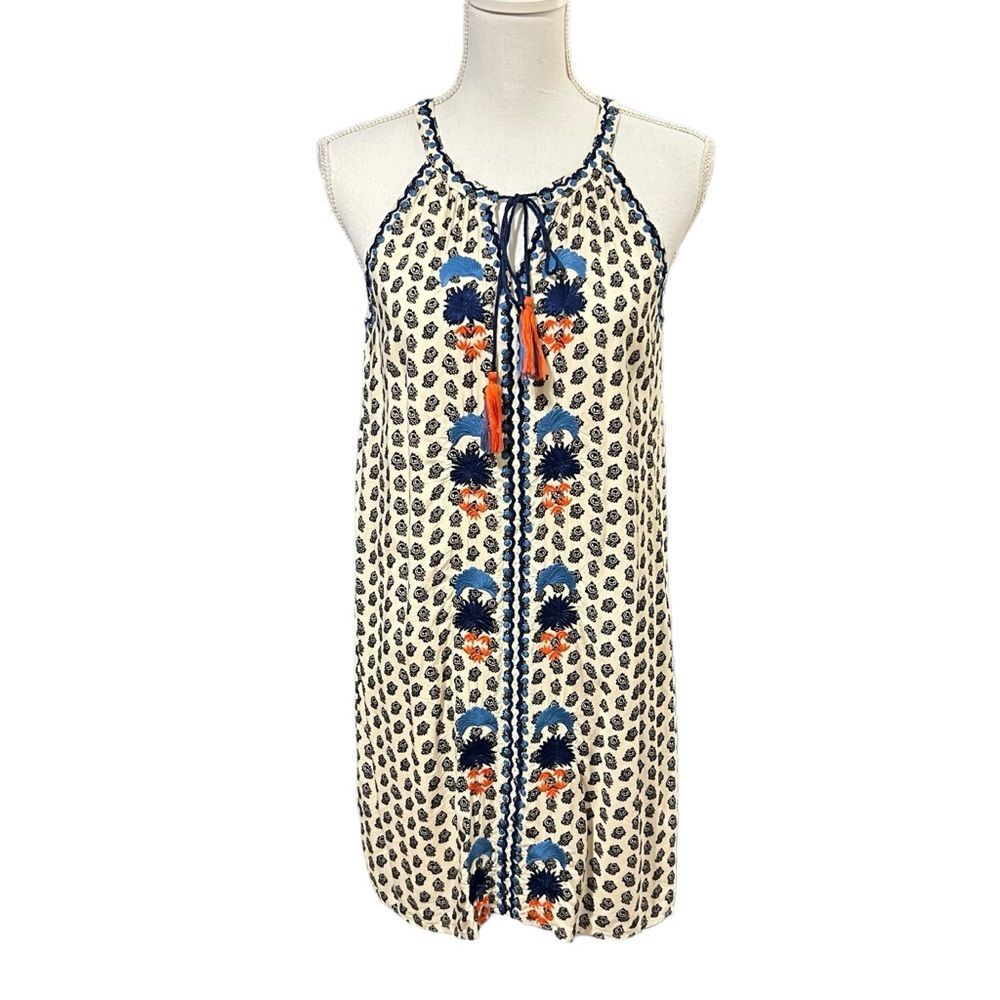 THML Embroidered Sleeveless Shift Dress Size S Halter Neck Boho Beachy Resort